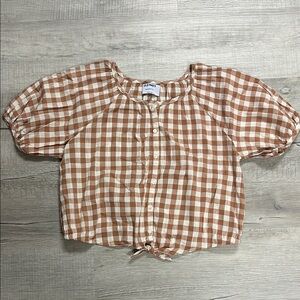 Old Navy Tan and White Gingham Tie-Front Button Blouse XL Girls